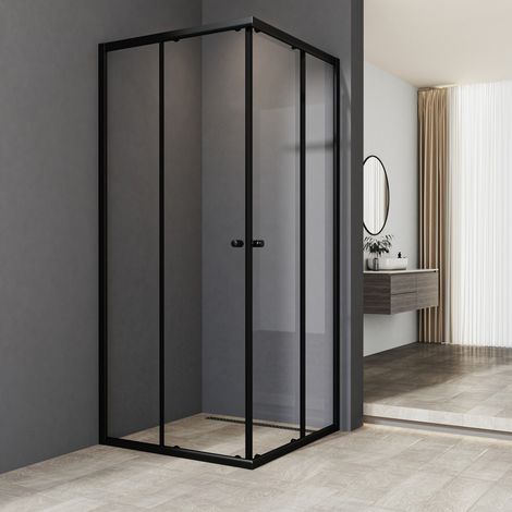 Duschkabine 80x80x185cm Eckeinstieg Schiebetür, Duschschiebetür Duschabtrennung Doppel Schiebetür mit 6mm ESG Glas, Mattes Schwarz Duschwand Sicherheitsglas, Duschtür Höhe 185cm