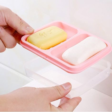 boîte à savon double étanche avec couvercle, boite savon salle de bain en plastique (rose) (1/4)