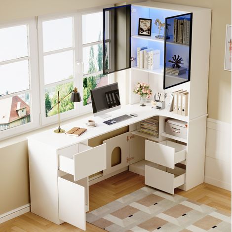 MODFU – Escritorio esquinero 120x80x180 cm de MDF con vitrina LED 7 colores, 3 cajones y pasacables – Blanco (1/5)