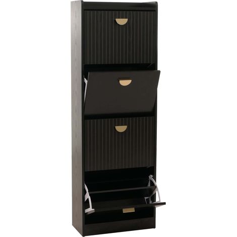 [NEUWERTIG] Schuhschrank HHG-602, Schuhkipper Schuhregal 4 Klappen Klappfächer MDF Melamin Metall 148x50x24cm Holzoptik schwarz