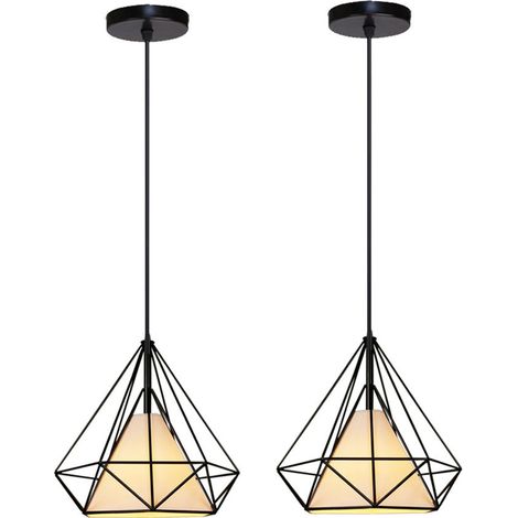 Pendelleuchte Diamant, Industri Stil Hängelampe mit Lampenschirm, Kronleuchter mit Ø20cm Eisen Käfig Edison E27 Fassung für Loft Wohnzimmer Esszimmer Schwarz 2PCS