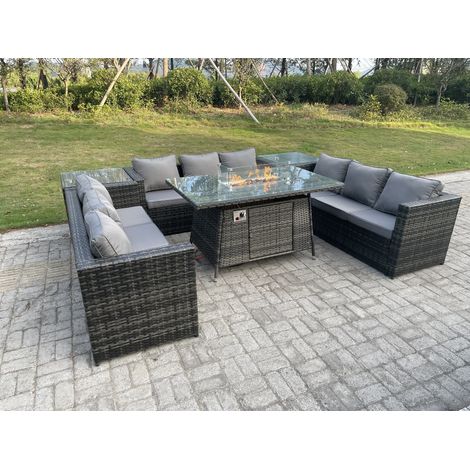 Fimous Outdoor Rattan Gartenmöbel Gas Feuerstelle Esstisch Sets Gartensofa Sitzgruppe Beistelltische Dunkelgrau Gemischt 9 Sitzer (1/4)