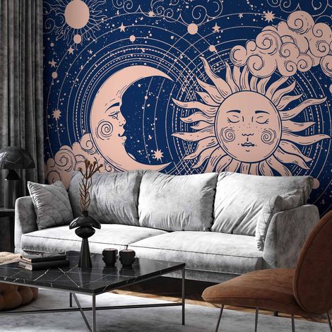 Wandbild – Kosmische Harmonie – Illustration von Sonne und Mond auf marineblauem Hintergrund / Tag und Nacht – elegantes Sonnen- und Mondmuster auf dunklem Hintergrund
