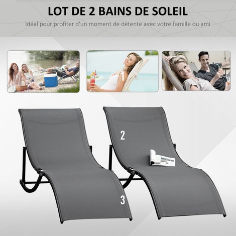 Outsunny – Bain de soleil pliable en aluminium – Lot de 2 – Textilène haute densité 560 g/m² – Dimensions 165x61x63 cm – Charge max 120 kg – Anthracite