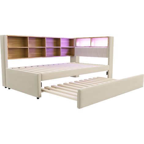 Cama multifuncional 90 x 200 cm con cama nido 90 x 190 cm, LED, enchufes y almacenaje, beige (1/5)