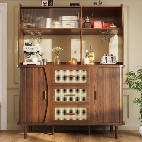 Buffet de cuisine 174,5 cm avec portes coulissantes verre rotin 3 tiroirs porte-verres pieds bois rangement noyer naturel chics