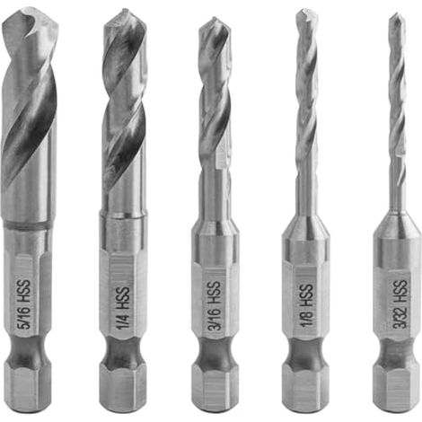 Set de 5 forets courts métal, queue hexagonale 1/4" à changement rapide, acier HSS pour embout d'angle, tailles 3/32, 1/8, 3/16, 1/4, 5/16