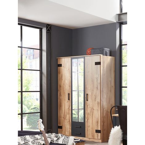 Armoire Imitation chêne poutre, rechampis graphite - L 135 x H 198 x P 58 cm -PEGANE-