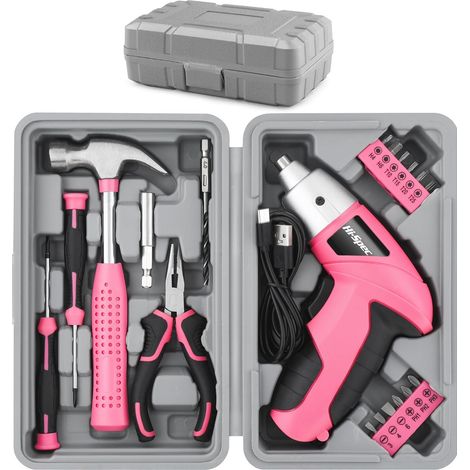 Kit d'outils 19 pièces, tournevis électrique USB rose 3,6 V, kit de bricolage pour la maison, tournevis sans fil rechargeable avec boîte à outils compacte (1/5)