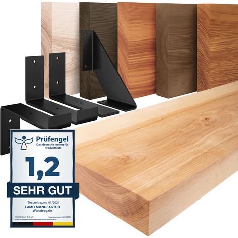 LAMO Manufaktur étagère murale en bois massif, bord régulier, étagère de rangement Basic, bois naturel / équerre blanche 80cm, LWG-01-A-002-80LW