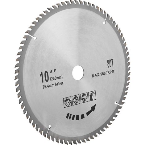 Disque de coupe pour scie circulaire 10 x 80 dents, 254 mm, en carbure cémenté, pour le travail du bois. (1/5)