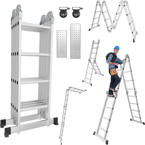 TolleTour Escalera articulada multiusos 7 en 1 de aluminio, 4x4 peldaños, aprox. 470 cm / 4,7 m, plegable, 2 plataformas + 2 ruedas, carga máxima 150 kg (1/5)