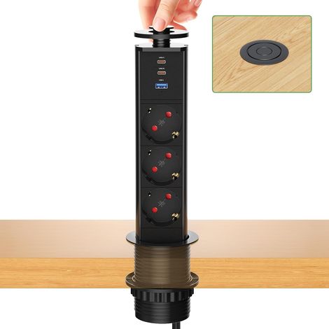 Multiprise Encastrable PD 30W USB C1, Bloc Prise Escamotable 3 Prises avec USB, Prise Plan de Travail Table, 4000W/16A, Ø 60mm Câble 1,8m - pour Cuisine Bureau Noir (1/5)