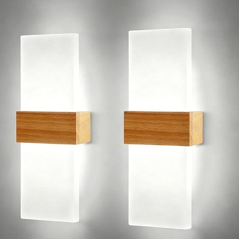 Lot de 2 Appliques Murales LED Bois Acrylique Blanc Froid 28cm Lampes Murales Intérieures Modernes avec Design Bois de Hêtre pour Chambre Salon Couloir Bureau Éclairage Mural LED (1/5)