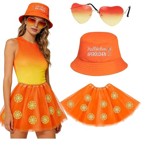 Costume Aperol Spritz pour Femme Accessoires de Deguisement Aperol Orange Jupe en tulle Orange Chapeau De Pêcheur Et Lunettes De Cœur pour Carnaval, Fête, Cocktail (1/5)