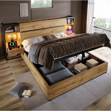 lit adulte double rangement 180x200 USB métal chêne OKMYHOME (1/5)
