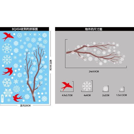 Autocollants pour fenêtre flocons de neige blancs et branches d'arbre, autocollants scène de forêt enneigée avec colibris, décorations de Noël hivernales, décorations de fenêtre statiques, anti-collis