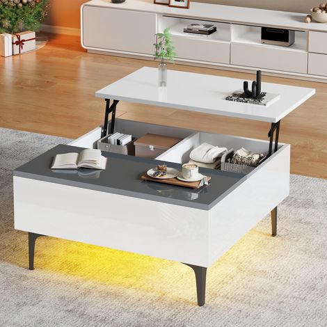 Table basse blanche 70x70x35 cm réglable en hauteur,rangement caché,LED et tiroirs. Finition haute brillance pour salon et bureau.