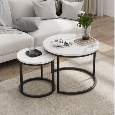 Mesas bajas nido Redondas con 2 Mesas y Patas Ajustables para Salon en Tablero de Particulas y Hierro Blanco (1/5)