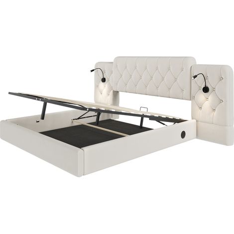 Cama canapé 180x200 cm de terciopelo beige, cabecero largo, lámparas de lectura y USB (1/5)