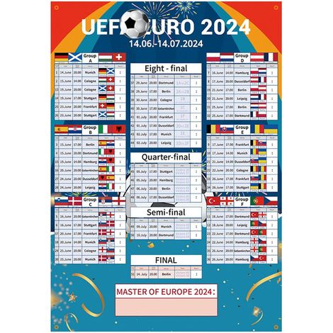 Calendrier mural de l'Euro 2024 - Très grand format (70 cm x 100 cm) - Affiche du Championnat d'Europe - Calendrier des 51 matchs, dates incluses. (1/5)