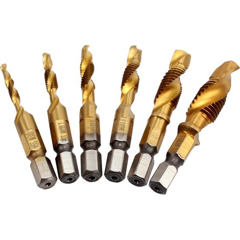Jeu de 6 tarauds combinés - 1/4" HSS M3-M10 - Vis à tige hexagonale - Outils - Tarauds pour bois, plastique, aluminium, métal (doré, 6 pièces) (1/5)