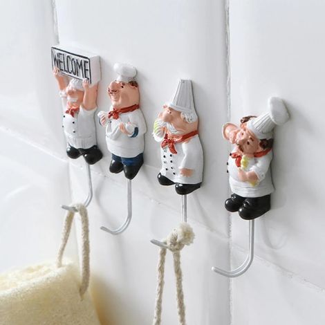 BEBUSINGOTO Gancho adhesivo potente con forma de chef de dibujos animados para colgar llaves de pared, cocina, baño, puerta, ropa, abrigos, sombreros, toallas. (1/5)