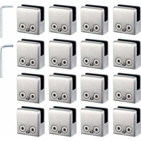 16pcs Pinces à Verre 8-10mm Support Verre dans Pinces en Acier Inoxydable Arrêtez Verre de Forme Carrée 8-10mm avec 2 Clés Hexagonales pour Balustrade d'Escalier