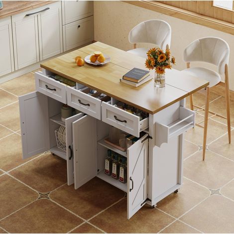 Îlot de cuisine 140x43(70)x90.5 cm blanc et naturel en MDF avec plateau rabattable, 4 portes, 3 tiroirs et roulettes (1/5)