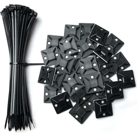 Lot de 100 supports adhésifs pour serre-câbles, 25 mm x 25 mm, noirs, auto-adhésifs, supports en plastique pour serre-câbles, 100 serre-câbles gratuits de 150 mm
