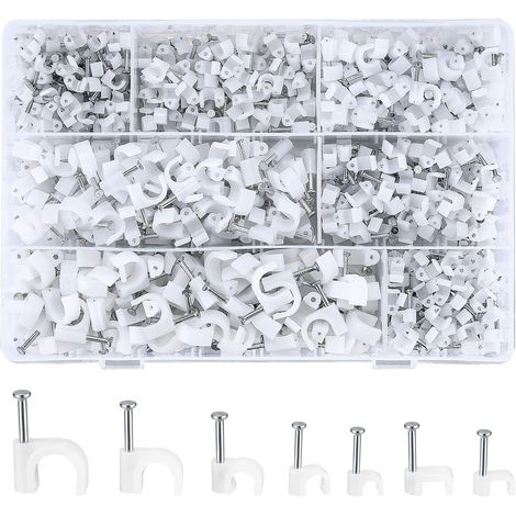 700 Stück runde Kabelbinder mit Stahlnagel, runde Kabelklemmen, weiße elektrische Kabelbrücke, 4 mm/5 mm/6 mm/8 mm/10 mm (1/5)