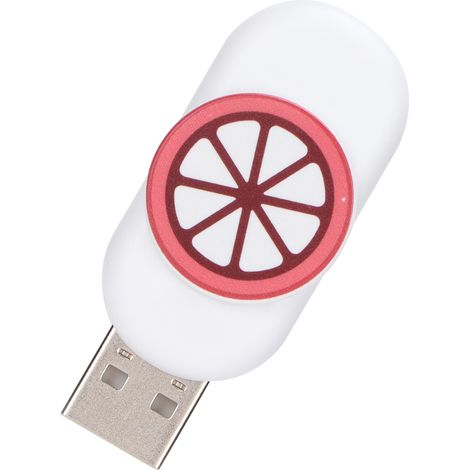 Clé USB portable miniature 64 Go en forme de mangoustan, avec bouton intégré.