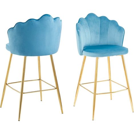 Lot de 2 Tabourets de Bar Design Coquillage en Velours Bleu et Pieds en Métal Doré - PANGIVO (1/5)
