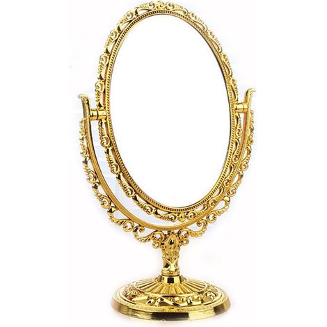Miroir de Maquillage de Bureau, Miroir de Maquillage Ovale pivotant à Deux côtés de Style européen Antique Vintage avec Fleur Creuse en Relief Brillant (doré) (1/5)