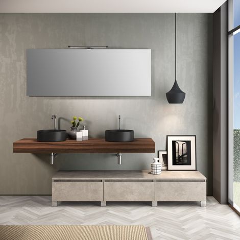 Composizione doppio lavabo 9 pezzi YOKA noce/avana pietra