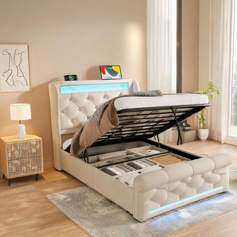 Cadre de lit beige en velours 220 x 96 x 110 cm (1/5)