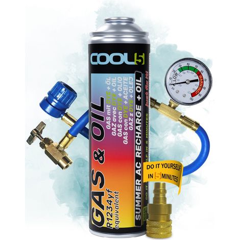 COOL5 2in1 – Kältemittelersatz R1234yf mit Öl, zum Befüllen von Klimaanlagen in Fahrzeugen ab Baujahr 2016 + Druckschlauch mit Manometer + Adapter + 500 ml APC