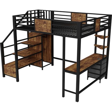 Cama alta metálica 140 x 200 con escritorio, almacenaje, barra, LED y enchufe (1/5)