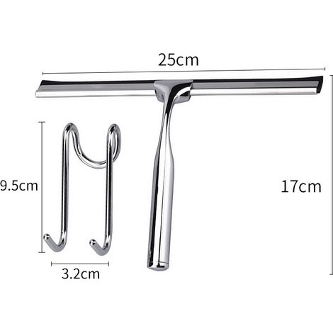 Raclette de Douche Vitre en Acier Inox, Douche Essuie-Glace 25cm avec Crochet sans Perçage et , Raclette Pour Salle De Bain,Miroir,Nettoyage en Verre,Carrelage