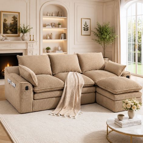 Modulares 3-Sitzer Cordsofa mit Hocker und Seitentaschen, frei kombinierbare Couch mit Federkern und Kissen, 263x167x85 cm, Khaki (1/5)