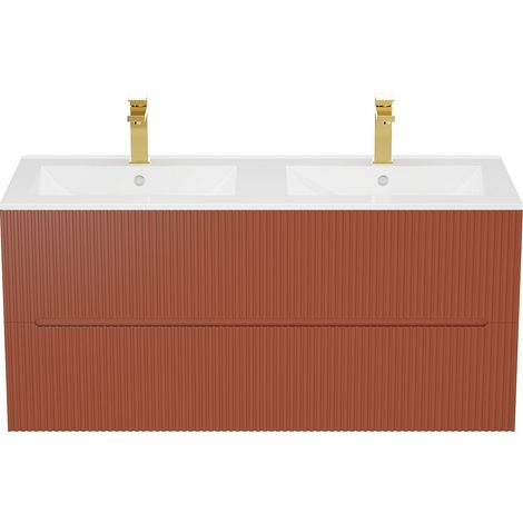 Meuble de salle de bain suspendu strié avec vasque à encastrer et robinet- Terracotta - 120 cm - PAVANI (1/4)