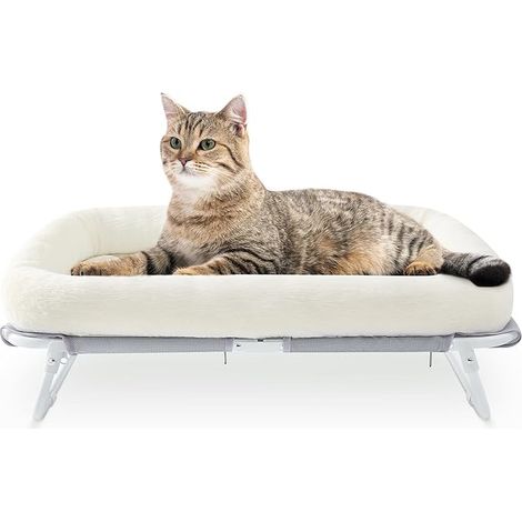 Raised Cat Hammock Bed for Cats Indoor Sofa for Small Dogs, Puppies, Pets, Cat Lounger with Metal Stand Elevated Cat Bed for Small Dog Pet (White, L) (1/5)