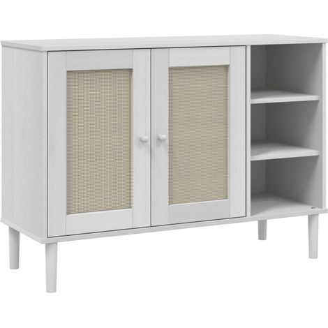 Credenza buffet cassettiera mobile contenitore organizer cucina soggiorno soggiorno effetto rattan 112 x 40 x 80 cm legno massiccio di pino bianco 020036222