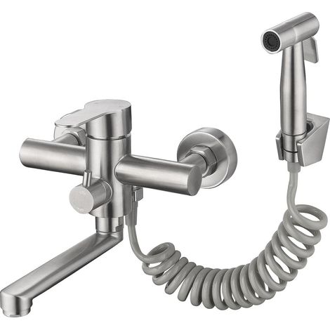 Wall Tap for Kitchen Tap Kitchen Wall Mounted with Spray Gun and 2 Water Jet Types 360° Rotatable Spout Short 18 cm Stainless Steel Kitchen Sink Tap Fitting (1/5)