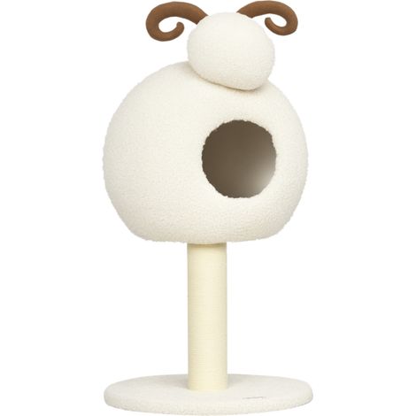 Arbre à chat design mouton avec niche, griffoir et coussin lavable (1/5)