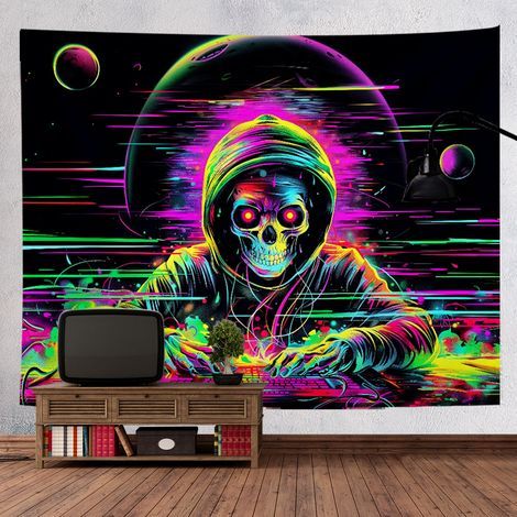 Tissu de fond, tapisserie fluorescente style tendance, motif crâne, décoration suspendue pour Halloween, 180 x 230 cm
