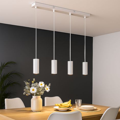 Hängeleuchte Pendelleuchte Esstischleuchte 4 flammig Deckenleuchte weiß hängend, Metall Aluminium, 4x GU10 Fassungen, LxBxH 61x6x120 cm