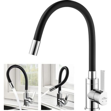 Robinet de Cuisine Flexible Bec Haut Orientable Librement Mitigeur Évier Flexible Laiton Chromé et Noir Robinet Evier Monotrou à Eau Chaude et Froide (1/5)