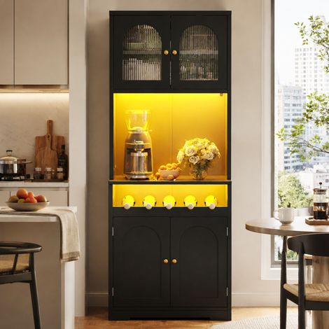 Vitrina de cocina alta 70 x 38,3 x 180 cm con LED RGB y botellero, negra DESVIAE (1/5)