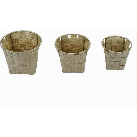 TRADE SHOP - Set 3 Cestini Rotondi Porta Oggetti In Tessuto Beige Per Bagno Casa Cucina 79045 - (1/3)